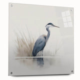 Acrylic glass wall art featuring a striking design of herons and egrets in a serene natural setting, displayed from a side view with decorative pins.