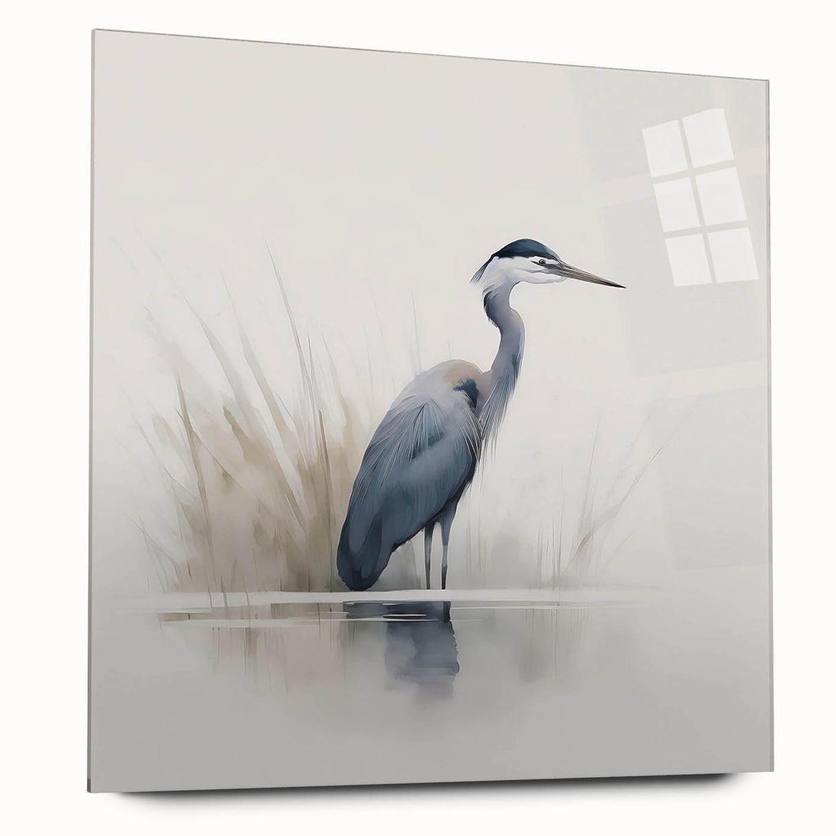 Elegant wall art collection showcasing a side view of a heron and egret design, printed on acrylic glass, ideal for enhancing modern home decor.