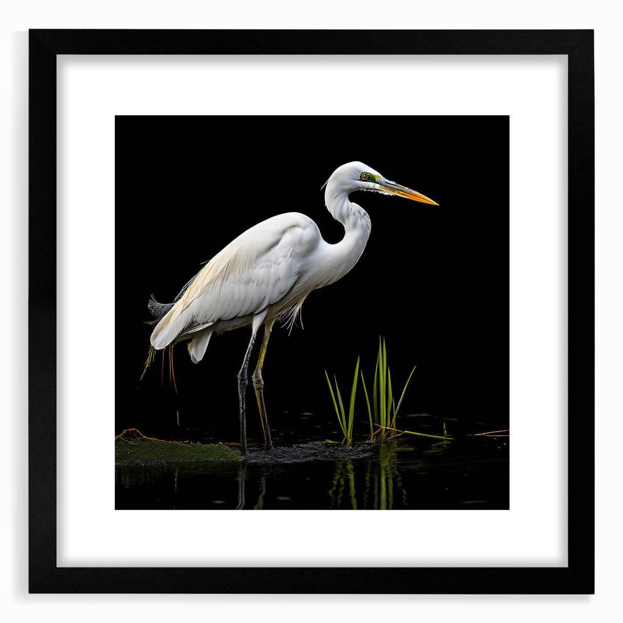 Elegant black-framed wall art featuring a serene heron and egret design, showcasing delicate brush strokes on a textured background, perfect for nature-inspired decor.