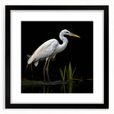 Elegant black-framed wall art featuring a serene heron and egret design, showcasing delicate brush strokes on a textured background, perfect for nature-inspired decor.