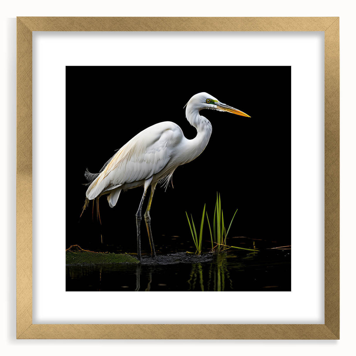Elegant wall art print featuring a heron and egret design in a gold frame with a mat, perfect for enhancing home decor. Ideal for nature lovers and bird enthusiasts.