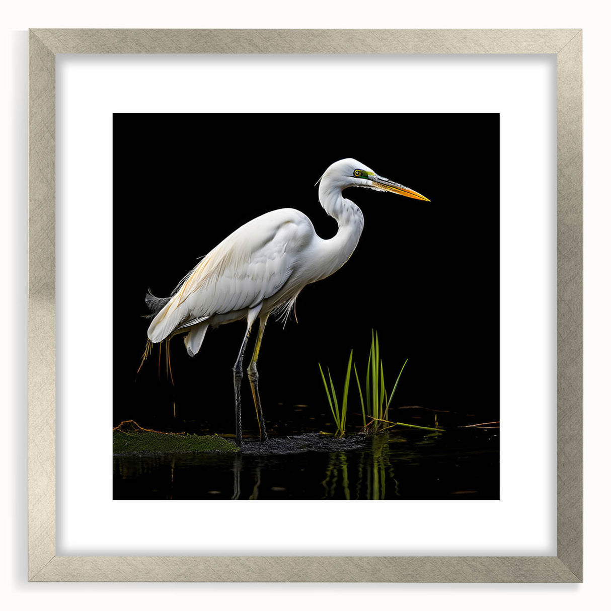 Framed wall art featuring elegant herons and egrets in a serene design, set in a silver frame with a mat, perfect for enhancing home decor.