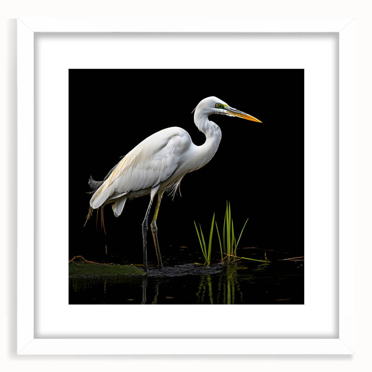 Elegant framed wall art featuring a heron and egret design, showcasing intricate details and soft colors against a white mat, perfect for nature-inspired decor.