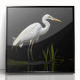 Framed wall art featuring a heron and egret design, showcasing vibrant colors and intricate detailing, set in a sleek black frame, perfect for home decor.