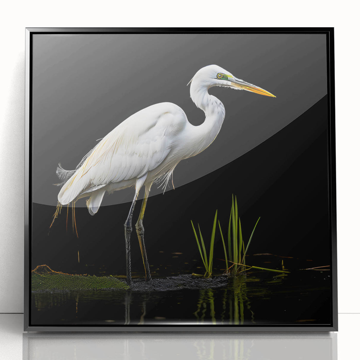 Framed wall art featuring a heron and egret design, showcasing vibrant colors and intricate detailing, set in a sleek black frame, perfect for home decor.