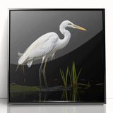 Framed wall art featuring a heron and egret design, showcasing vibrant colors and intricate detailing, set in a sleek black frame, perfect for home decor.
