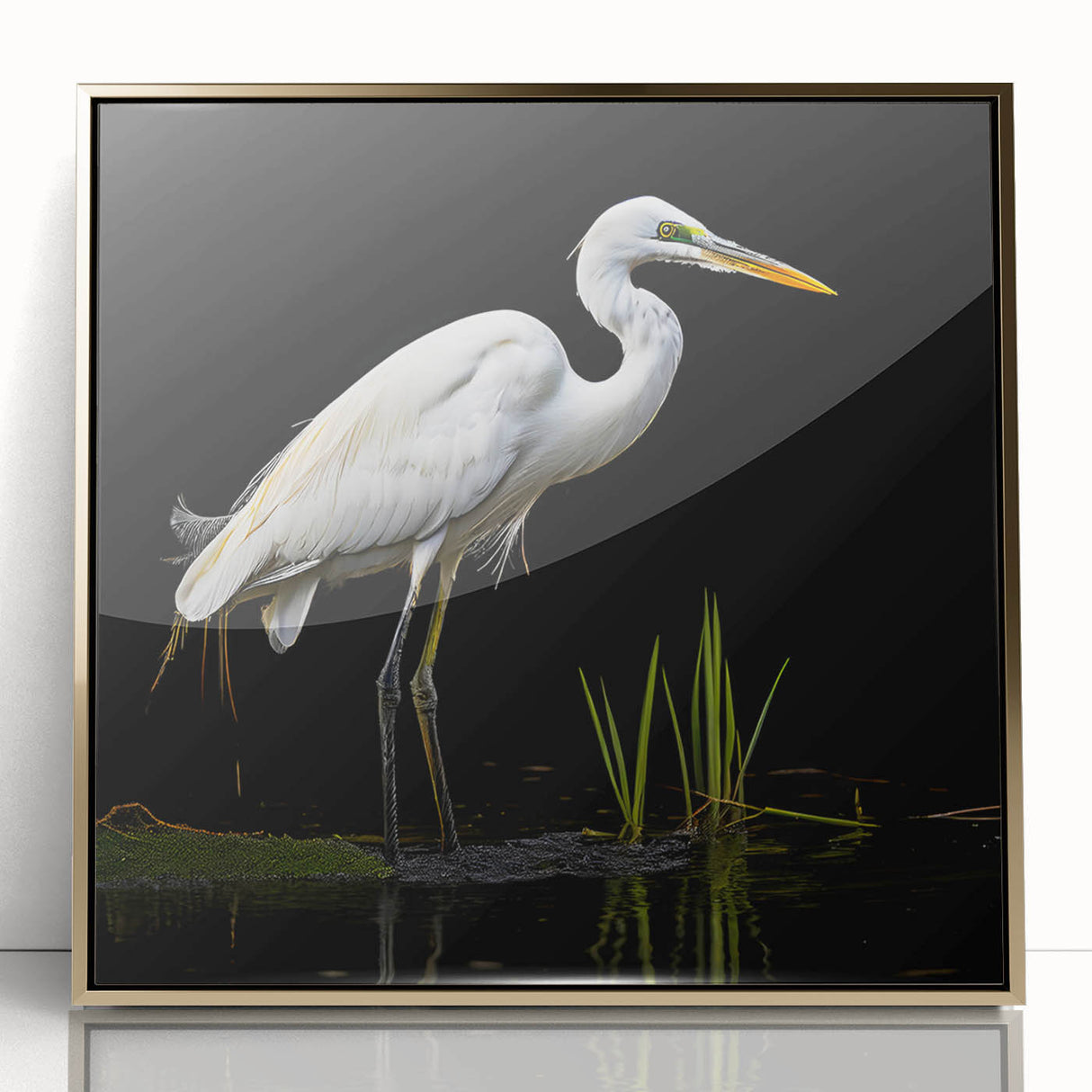 Framed wall art featuring a graceful heron and egret design, showcasing intricate details and vibrant colors, set in a gold frame, perfect for enhancing home decor.