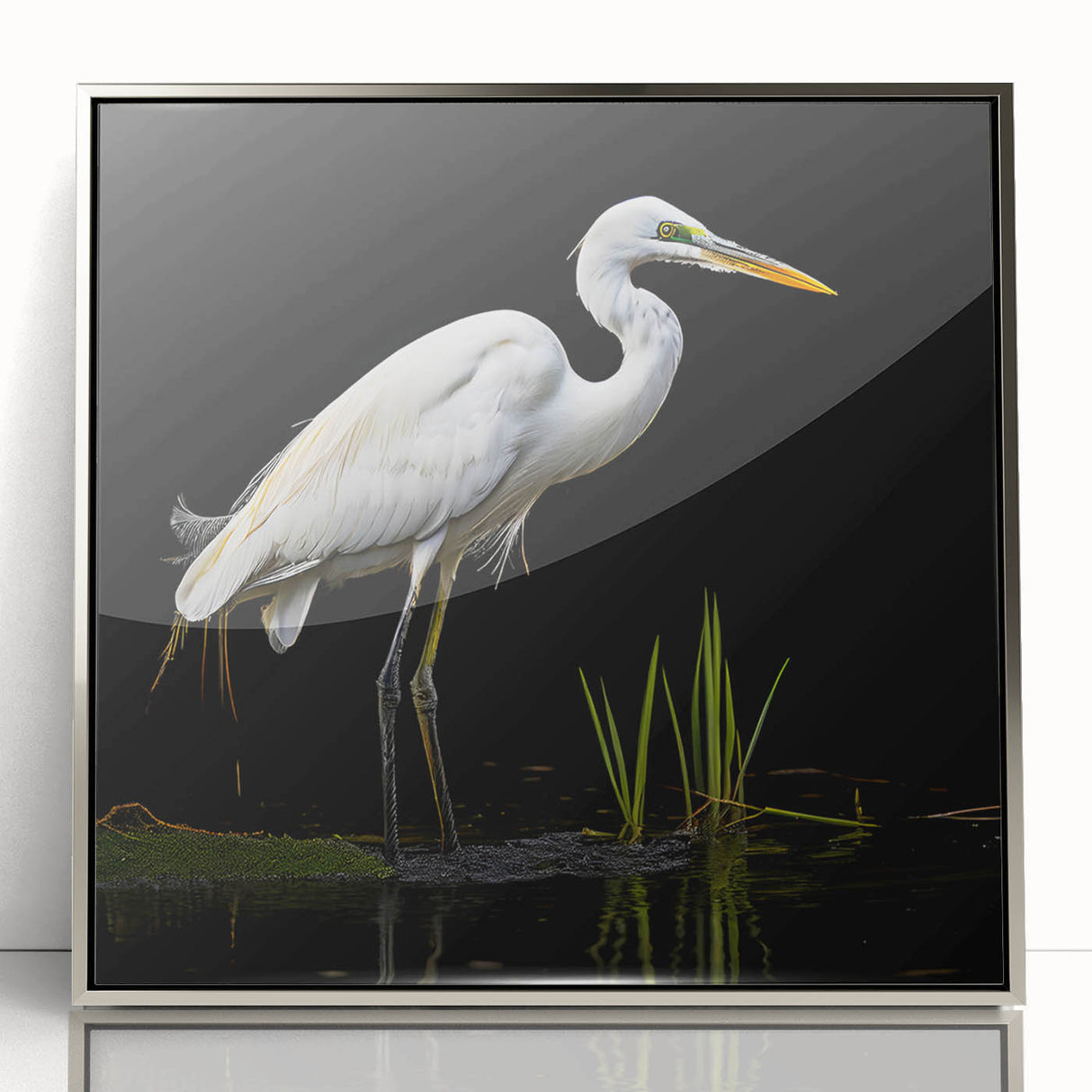Framed wall art collection featuring a serene heron and egret design in a silver-acrylic frame, showcasing vibrant colors and intricate details, perfect for nature lovers.