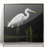 Framed wall art collection featuring a serene heron and egret design in a silver-acrylic frame, showcasing vibrant colors and intricate details, perfect for nature lovers.