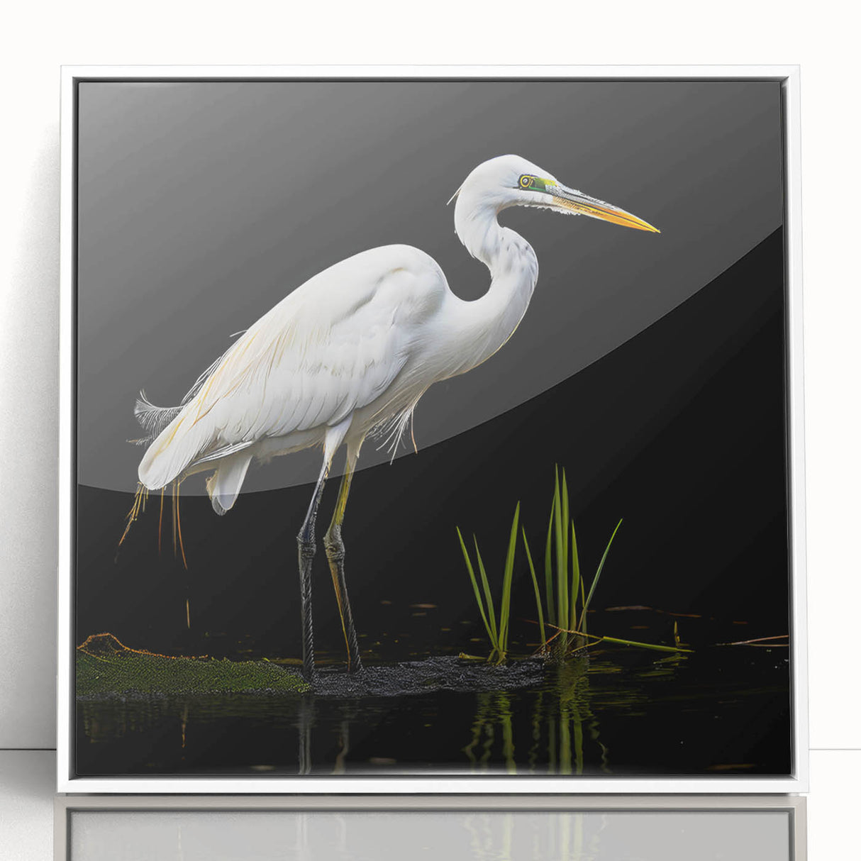 Framed wall art featuring a heron and egret design in soft colors, showcased in a sleek white frame, perfect for enhancing modern home decor.