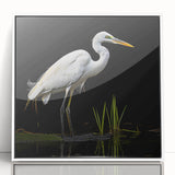 Framed wall art featuring a heron and egret design in soft colors, showcased in a sleek white frame, perfect for enhancing modern home decor.