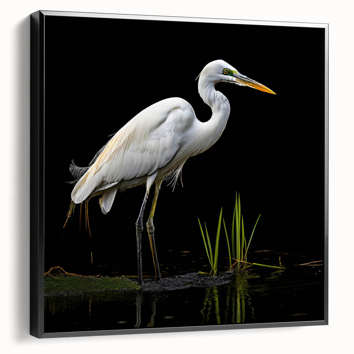 Framed wall art featuring a black heron and egret design on a textured canvas, displayed from a side view, perfect for modern home decor.