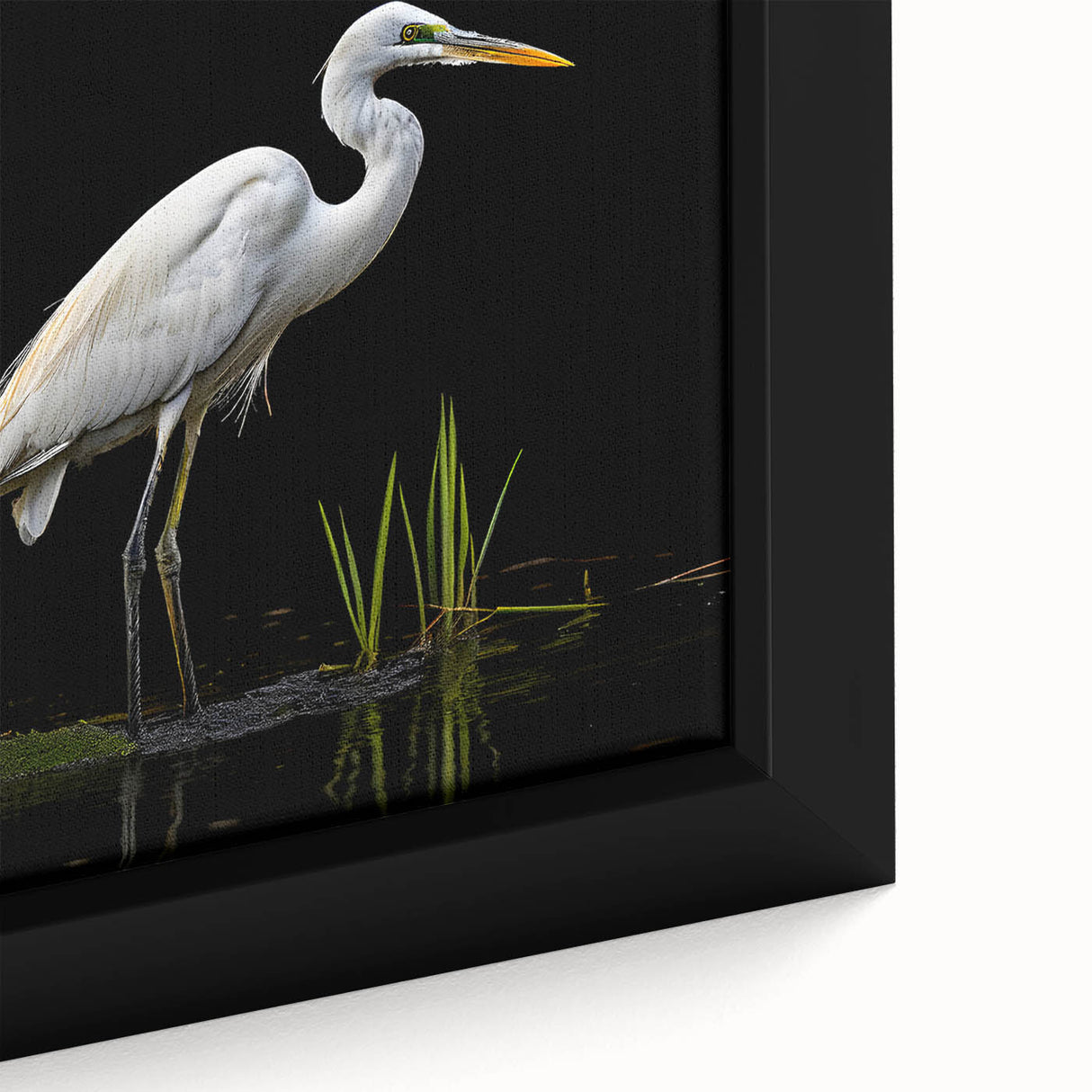 Close-up of a framed wall art piece showcasing a heron and egret design, featuring vibrant colors and intricate details, perfect for nature enthusiasts and home decor.