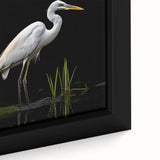 Close-up of a framed wall art piece showcasing a heron and egret design, featuring vibrant colors and intricate details, perfect for nature enthusiasts and home decor.