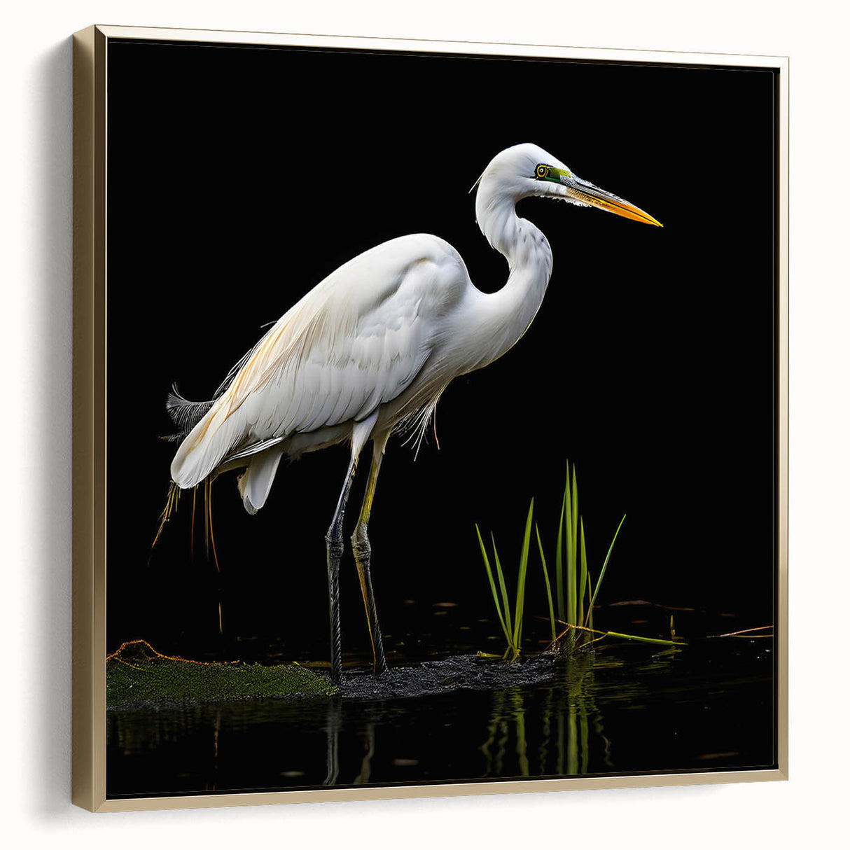 Framed wall art showcasing a serene heron and egret design on a gold background, ideal for enhancing modern home decor with a touch of nature.