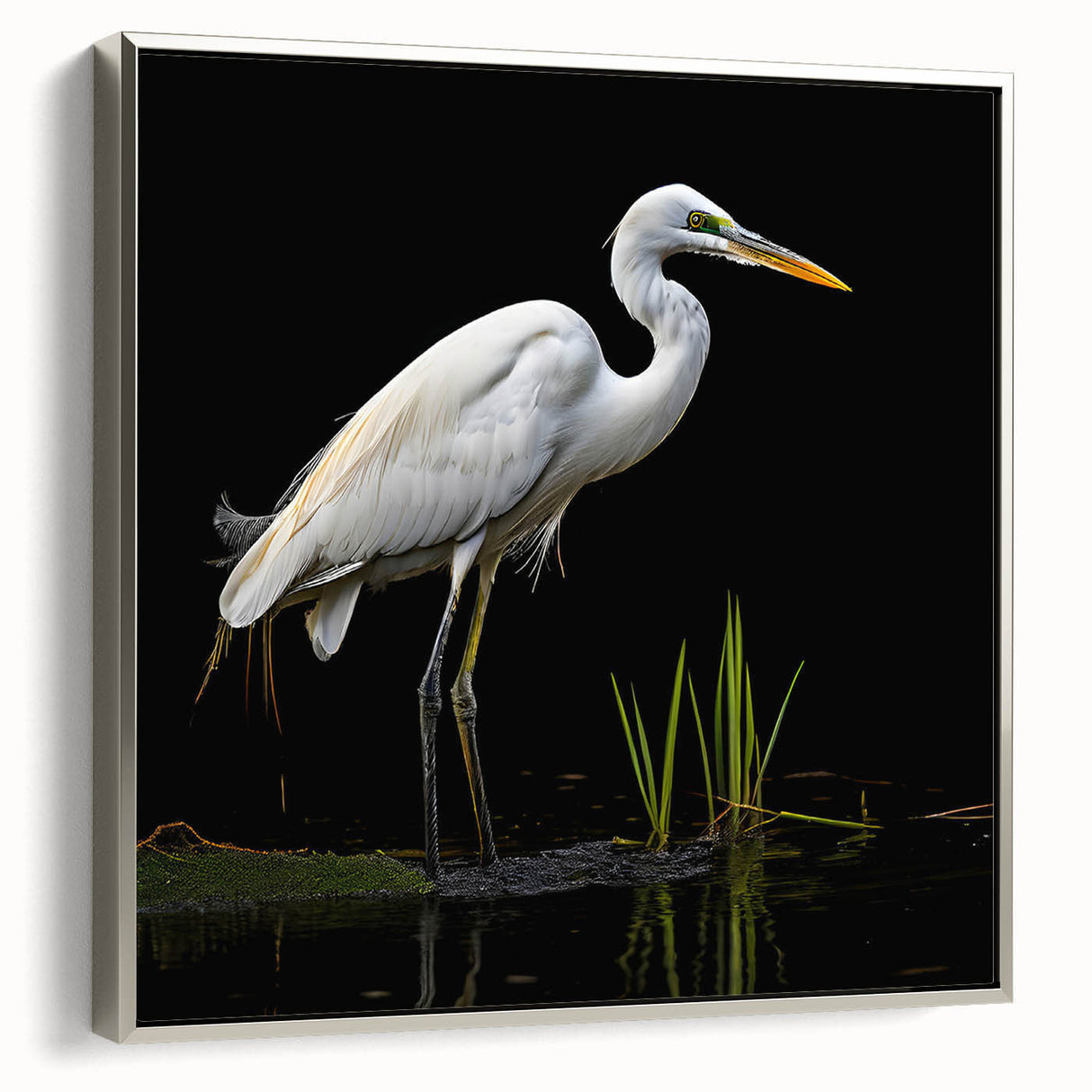 Framed wall art showcasing a serene heron and egret design on canvas, featuring a silver frame that enhances the elegant look, perfect for home decor.