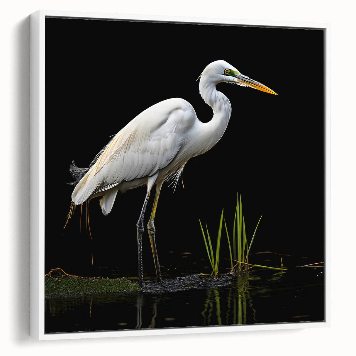 Framed canvas wall art featuring a serene heron and egret design, showcasing soft white tones and intricate details, perfect for enhancing modern home decor.