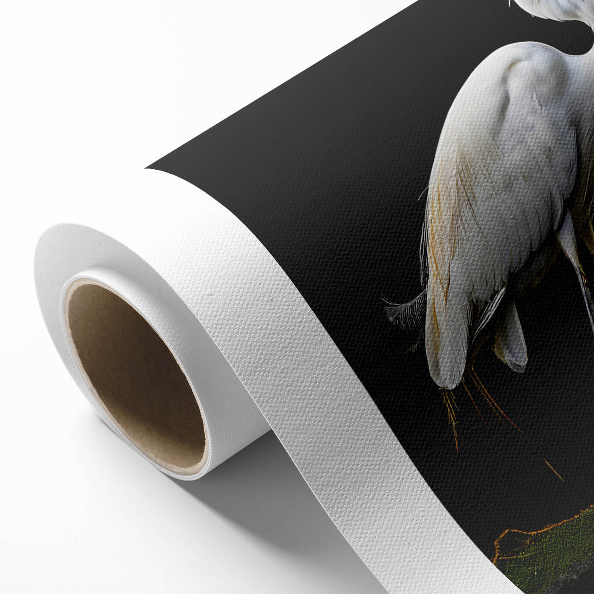 Rolled canvas wall art showcasing a serene heron and egret design in soft blue and white hues, ideal for nature-inspired decor, elegantly packaged for delivery.
