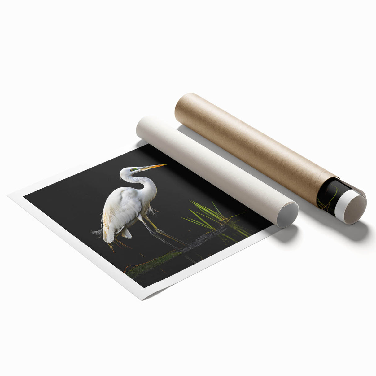 Elegant rolled print showcasing a heron and egret design in serene blue and white tones, perfect for enhancing modern home decor. Ideal for bird lovers and art enthusiasts.