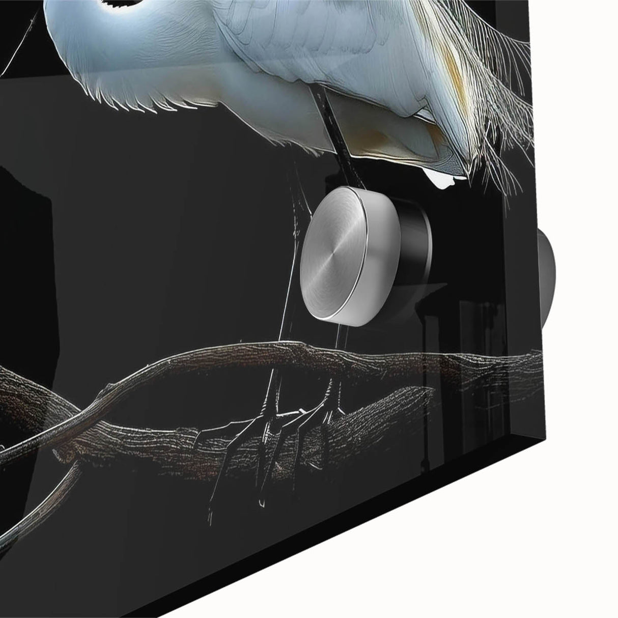 Close-up of a stunning wall art piece showcasing a heron and egret design, beautifully rendered in vibrant colors on acrylic glass, perfect for enhancing home decor.