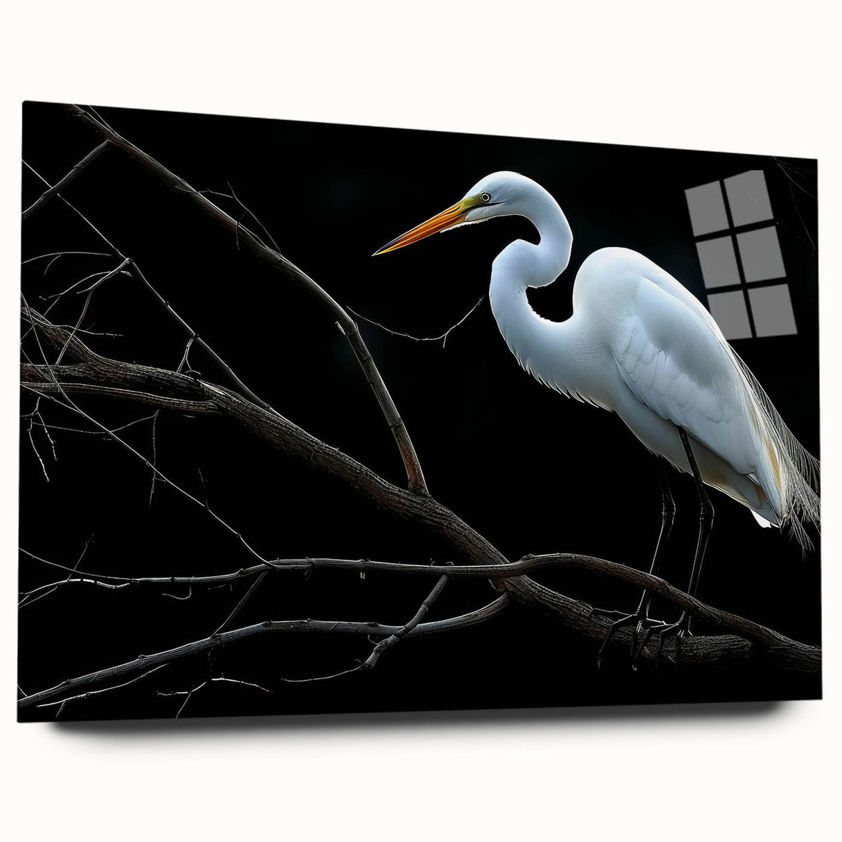 Elegant wall art collection showcasing a side view of a heron and egret design printed on acrylic glass, featuring vibrant colors and intricate details, perfect for enhancing any space.