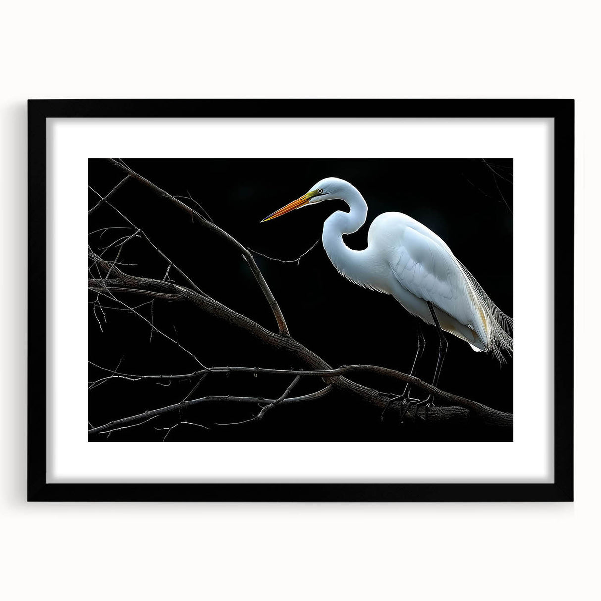 Framed wall art collection showcasing a heron and egret design, set in a sleek black frame with a white mat, ideal for nature-inspired decor.