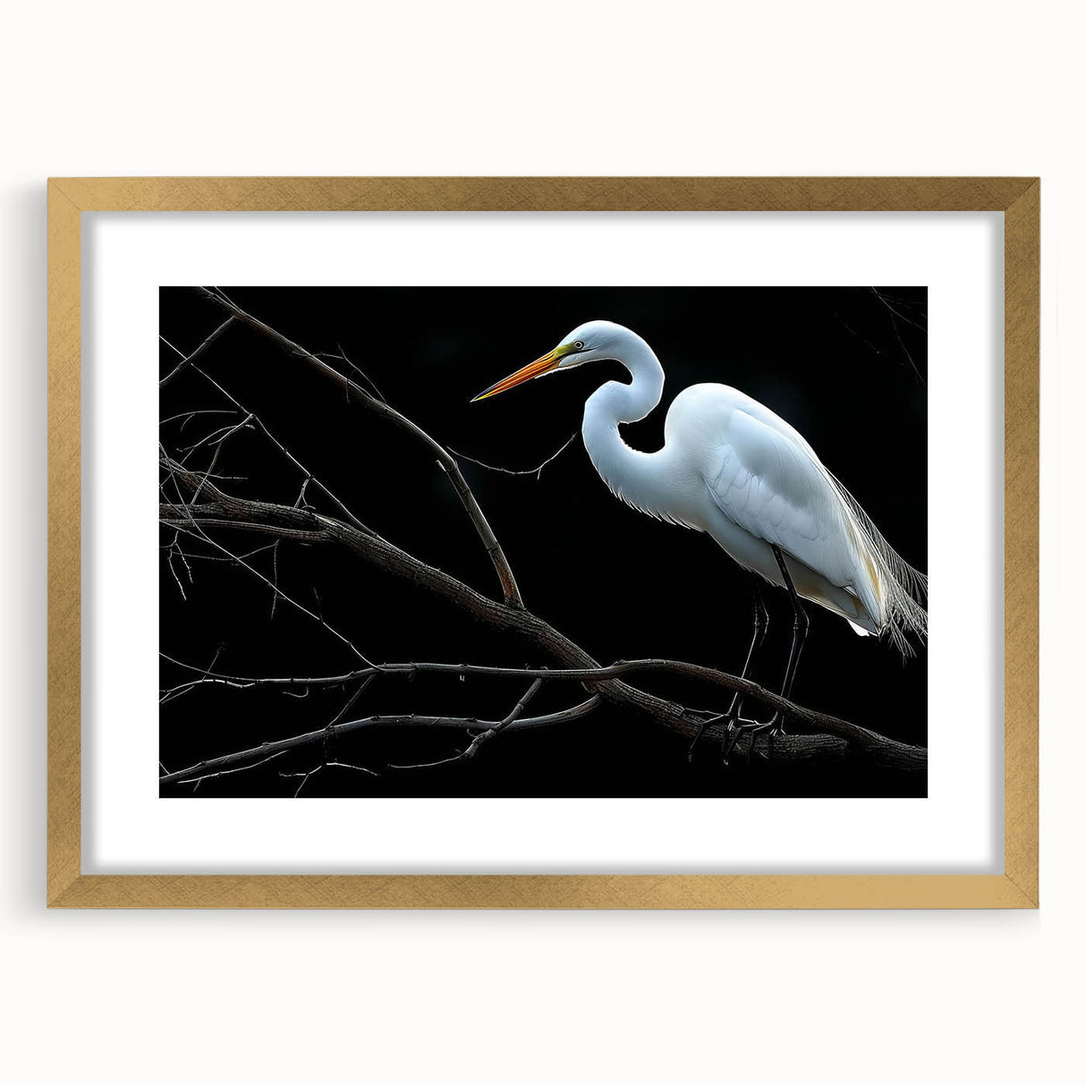 Elegant framed wall art featuring a heron and egret design, with a gold frame and mat, perfect for enhancing home decor with nature-inspired elegance.