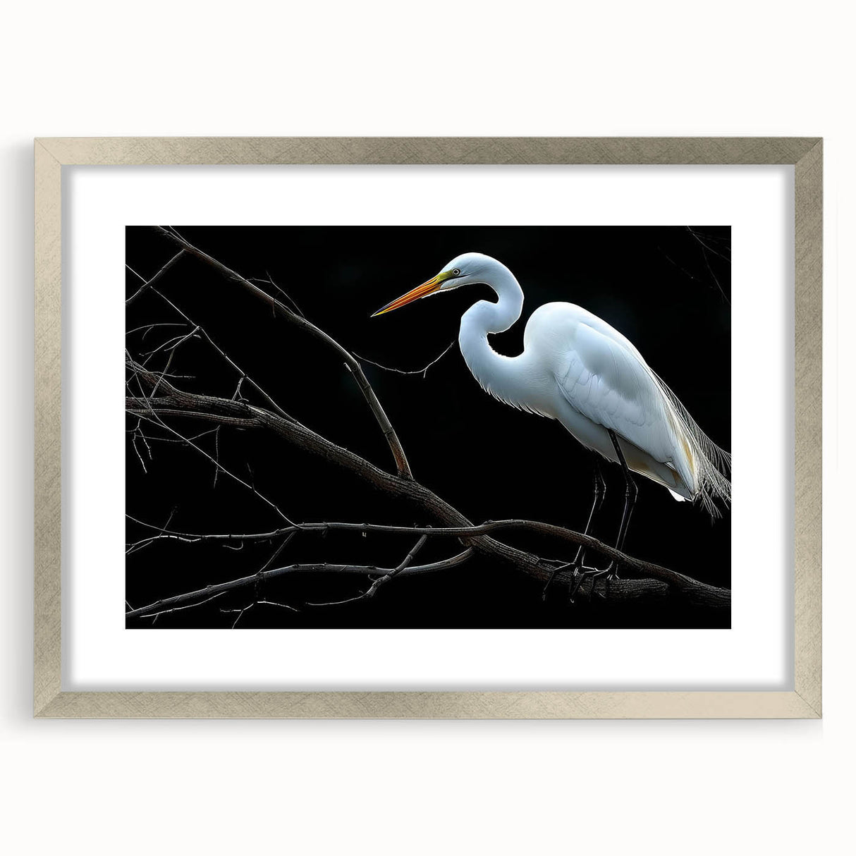 Elegant silver-framed wall art featuring a heron and egret design, perfect for adding a touch of nature to home decor. The mat enhances the artwork's visual appeal.