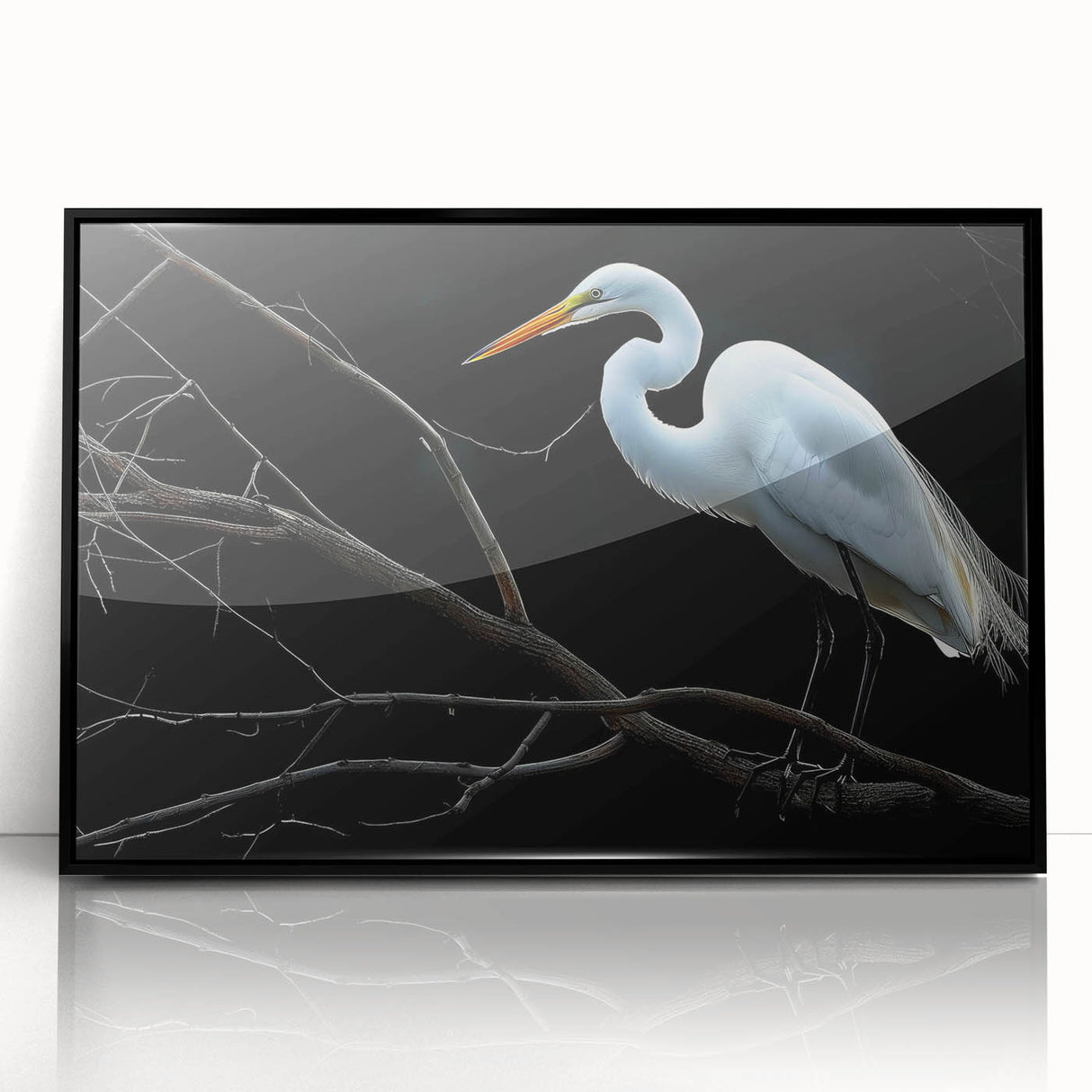 Framed wall art featuring a serene heron and egret design, set against a black background, showcasing intricate details and vibrant colors, perfect for modern decor.