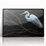 Framed wall art featuring a serene heron and egret design, set against a black background, showcasing intricate details and vibrant colors, perfect for modern decor.