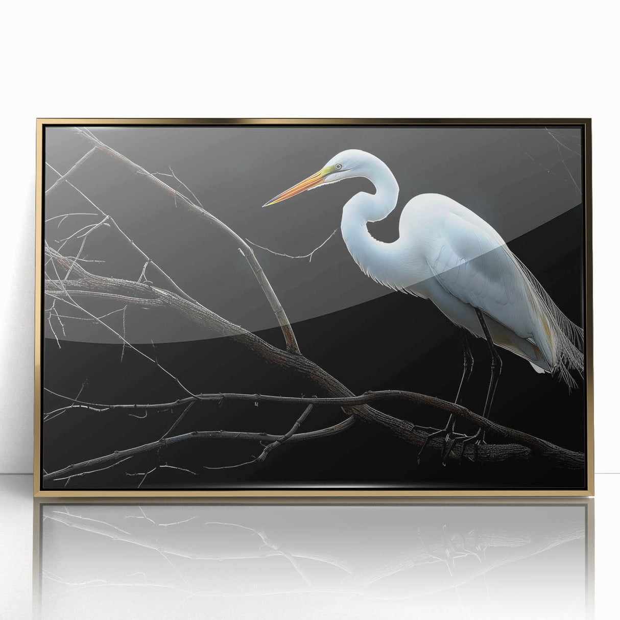 Framed acrylic wall art featuring a stunning heron and egret design in gold, showcasing elegant birds in a serene nature setting, perfect for enhancing home décor.
