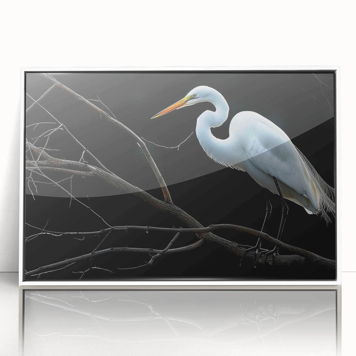 Framed wall art collection showcasing a striking heron and egret design in a sleek white frame, perfect for enhancing modern home decor with nature-inspired elegance.