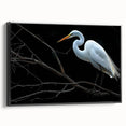 Framed canvas wall art featuring a serene heron and egret design in a black frame, showcasing vibrant colors and intricate details, ideal for bird lovers.