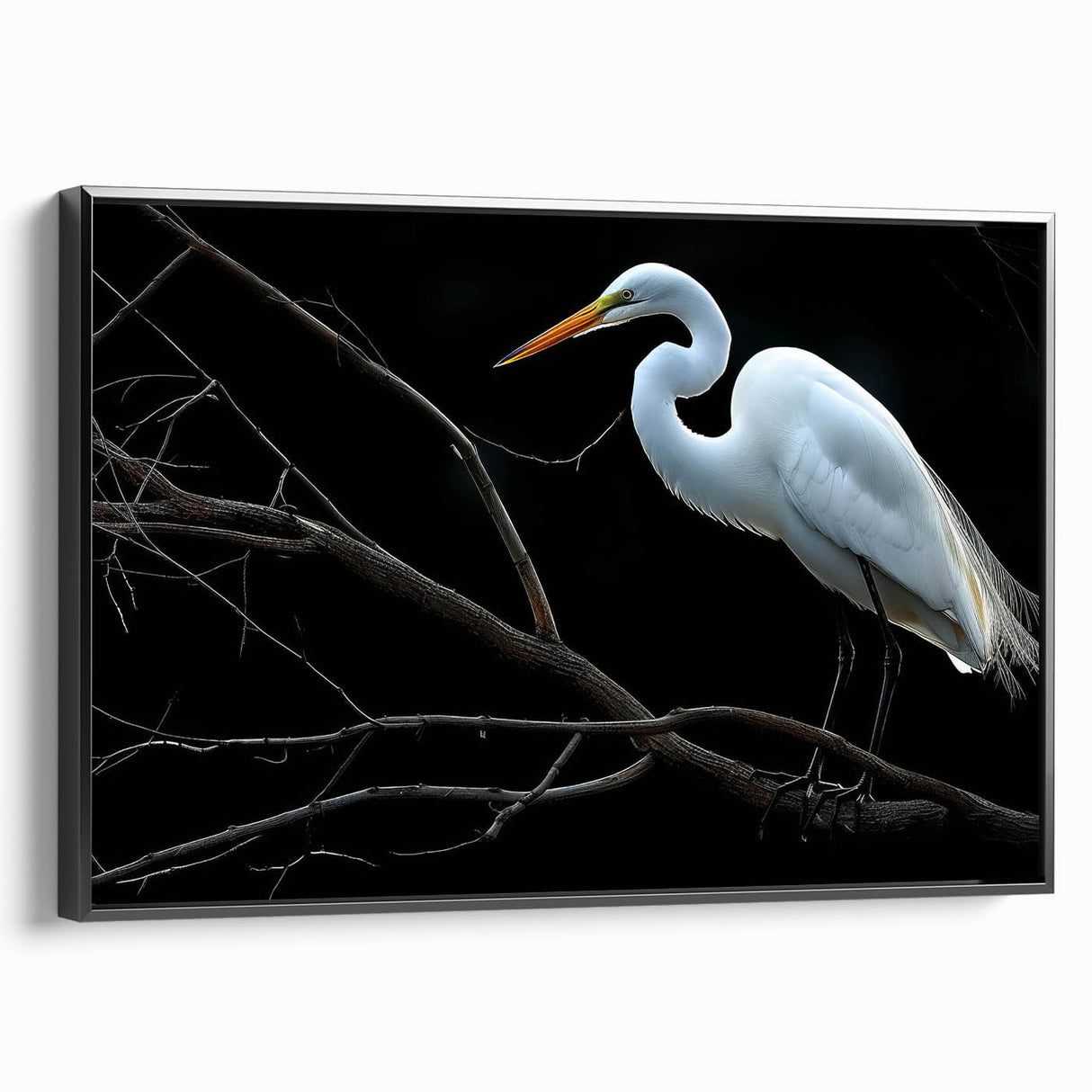Framed canvas wall art featuring a serene heron and egret design in a black frame, showcasing vibrant colors and intricate details, ideal for bird lovers.