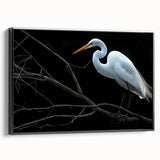 Framed canvas wall art featuring a serene heron and egret design in a black frame, showcasing vibrant colors and intricate details, ideal for bird lovers.