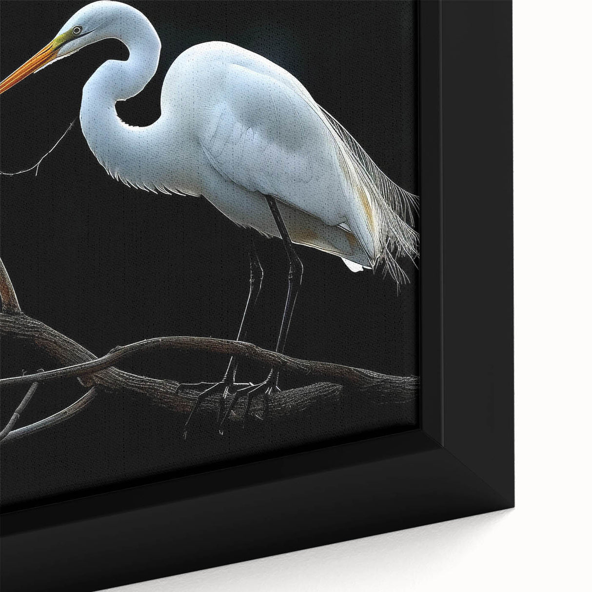 Close-up of a framed wall art piece showcasing a vibrant heron and egret design, featuring rich colors and intricate details, ideal for bird lovers and home decor enthusiasts.