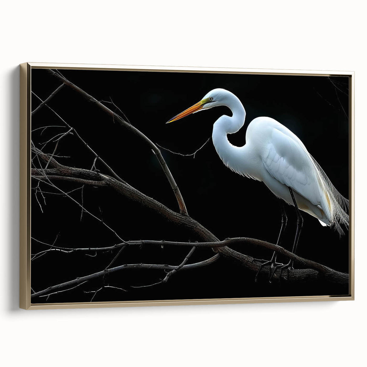 Framed wall art collection featuring elegant heron and egret designs in gold tones, showcasing a side view of the canvas for a sophisticated decor touch. Ideal for nature-inspired interiors.