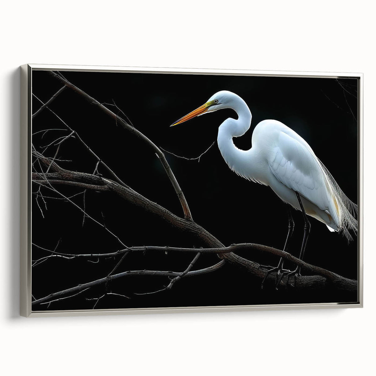 Framed canvas wall art featuring a silver side view of a heron and egret design, showcasing vibrant colors and intricate detailing, perfect for home decor. Ideal for bird lovers and nature enthusiasts.