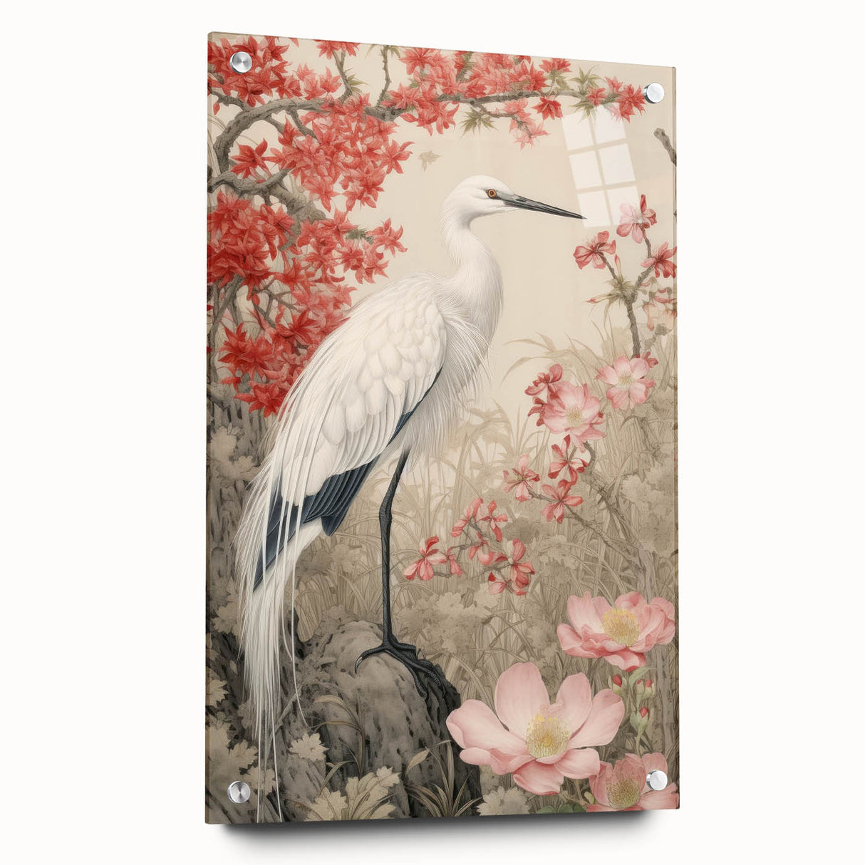 Elegant wall art featuring a heron and egret design, showcasing a side view on acrylic glass with decorative pins, perfect for enhancing modern interiors.