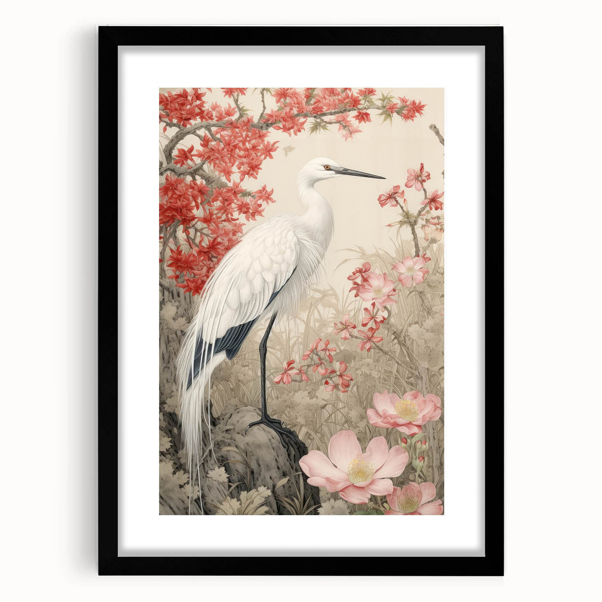 Elegant black-framed wall art featuring a heron and egret design, showcasing vibrant colors and intricate details, perfect for enhancing home decor.