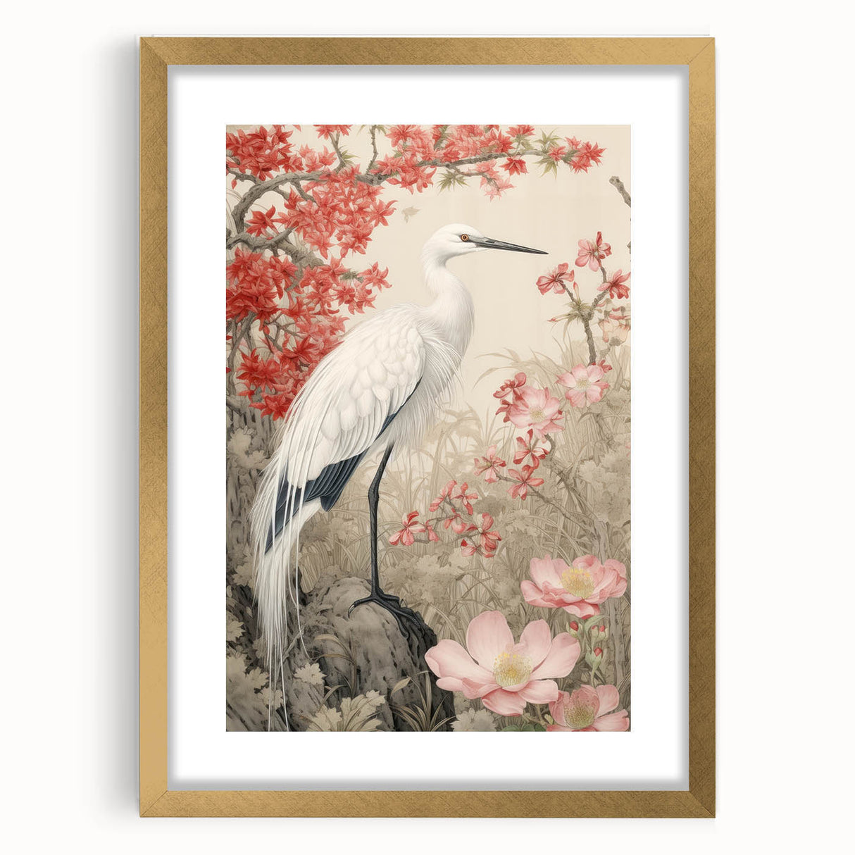 Elegant wall art featuring a heron and egret design, framed in gold with a mat, showcasing intricate details and vibrant colors, perfect for home decor.