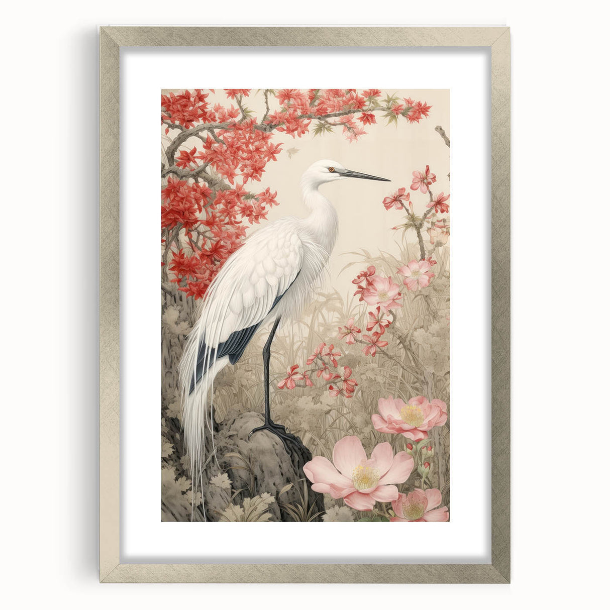 Framed wall art depicting a serene heron and egret design, showcasing intricate details and soft colors, elegantly matted and set in a silver frame for a modern aesthetic. Perfect for enhancing home decor with a touch of nature-inspired elegance.