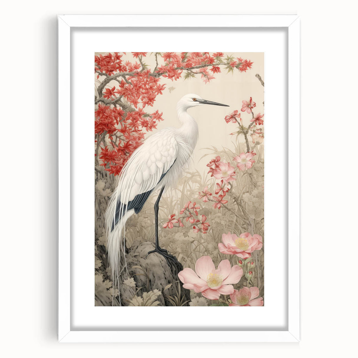 Elegant wall art featuring a heron and egret design, framed in white with a mat, showcasing intricate details in a serene nature scene, perfect for home decor.