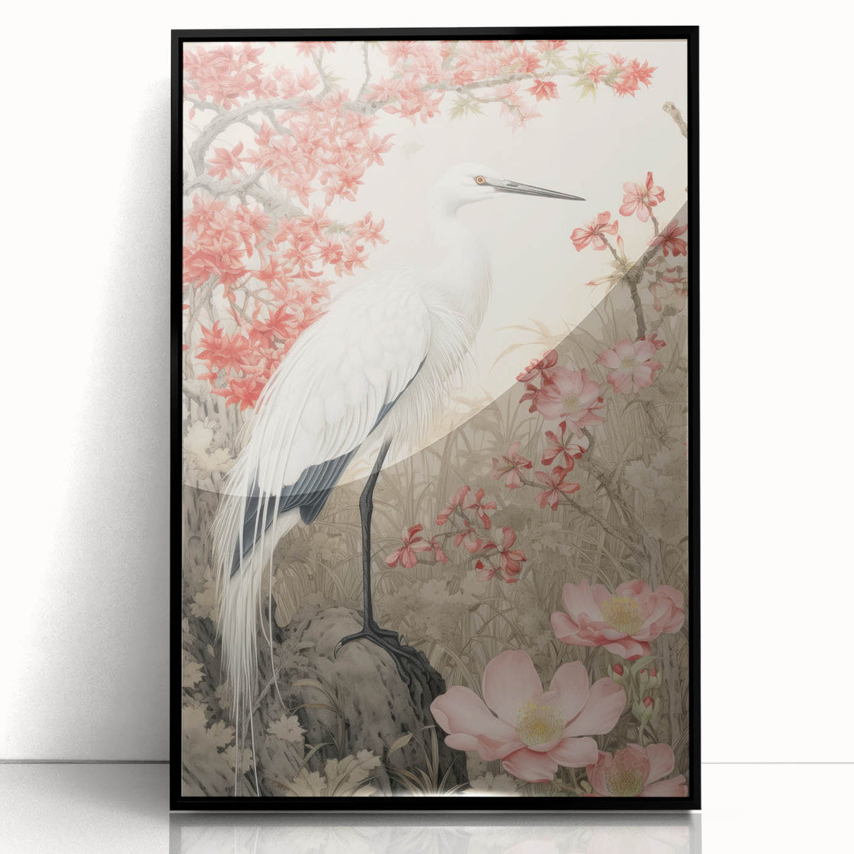 Framed wall art featuring an elegant heron and egret design, presented in a sleek black frame, perfect for enhancing modern home decor with a touch of nature.