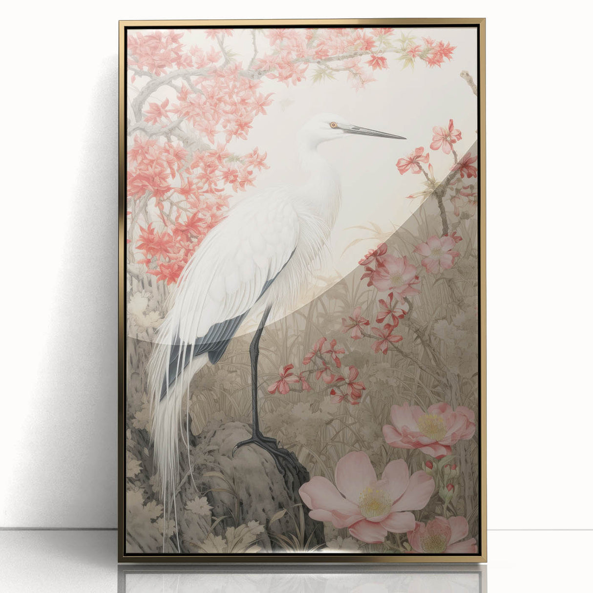 Framed wall art featuring a serene heron and egret design in gold-accented acrylic, showcasing elegant birds in a tranquil natural setting, ideal for home decor.