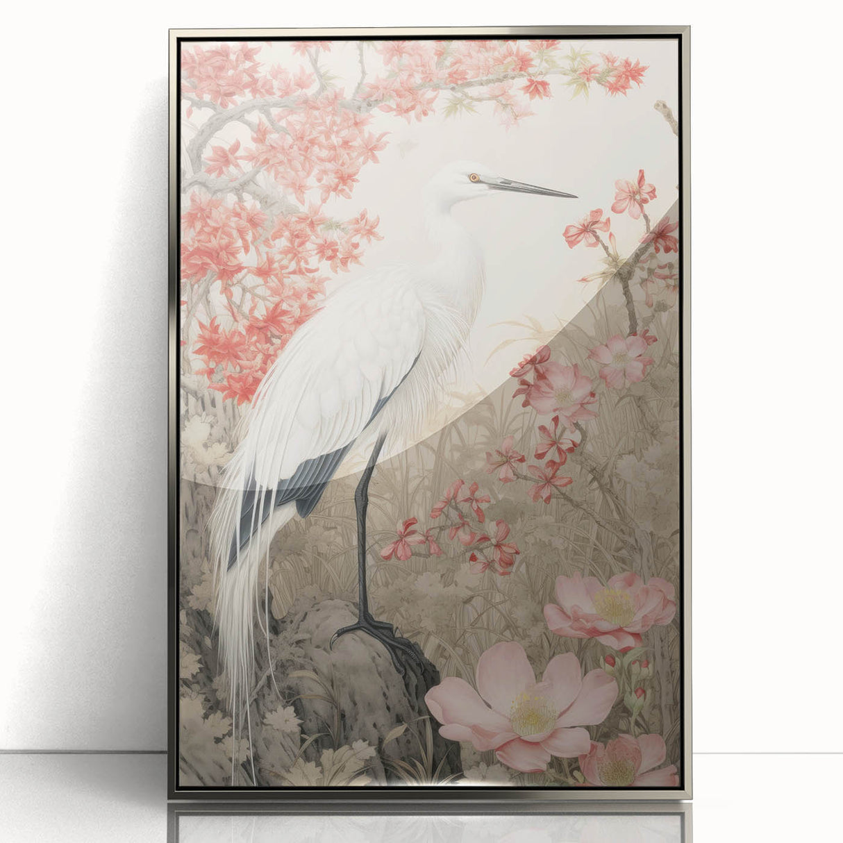 Framed wall art featuring a heron and egret design in a silver frame, showcasing intricate details and vibrant colors, perfect for enhancing home decor.