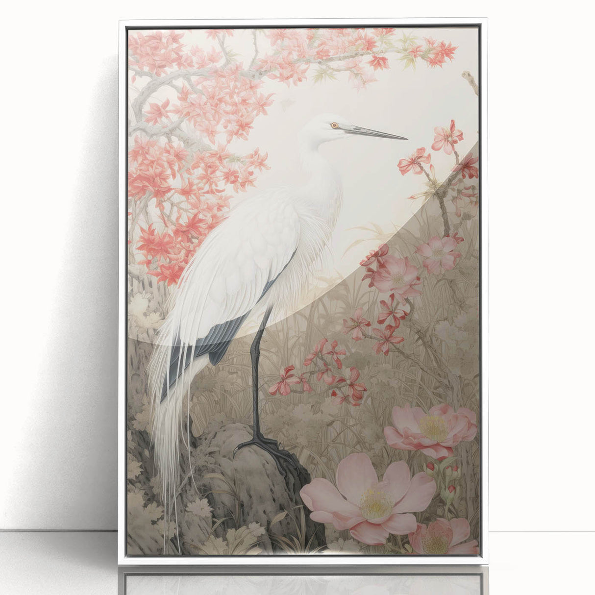 Framed wall art featuring a heron and egret design in a serene natural setting, showcasing elegant white frames and vibrant colors for home decor enhancement.