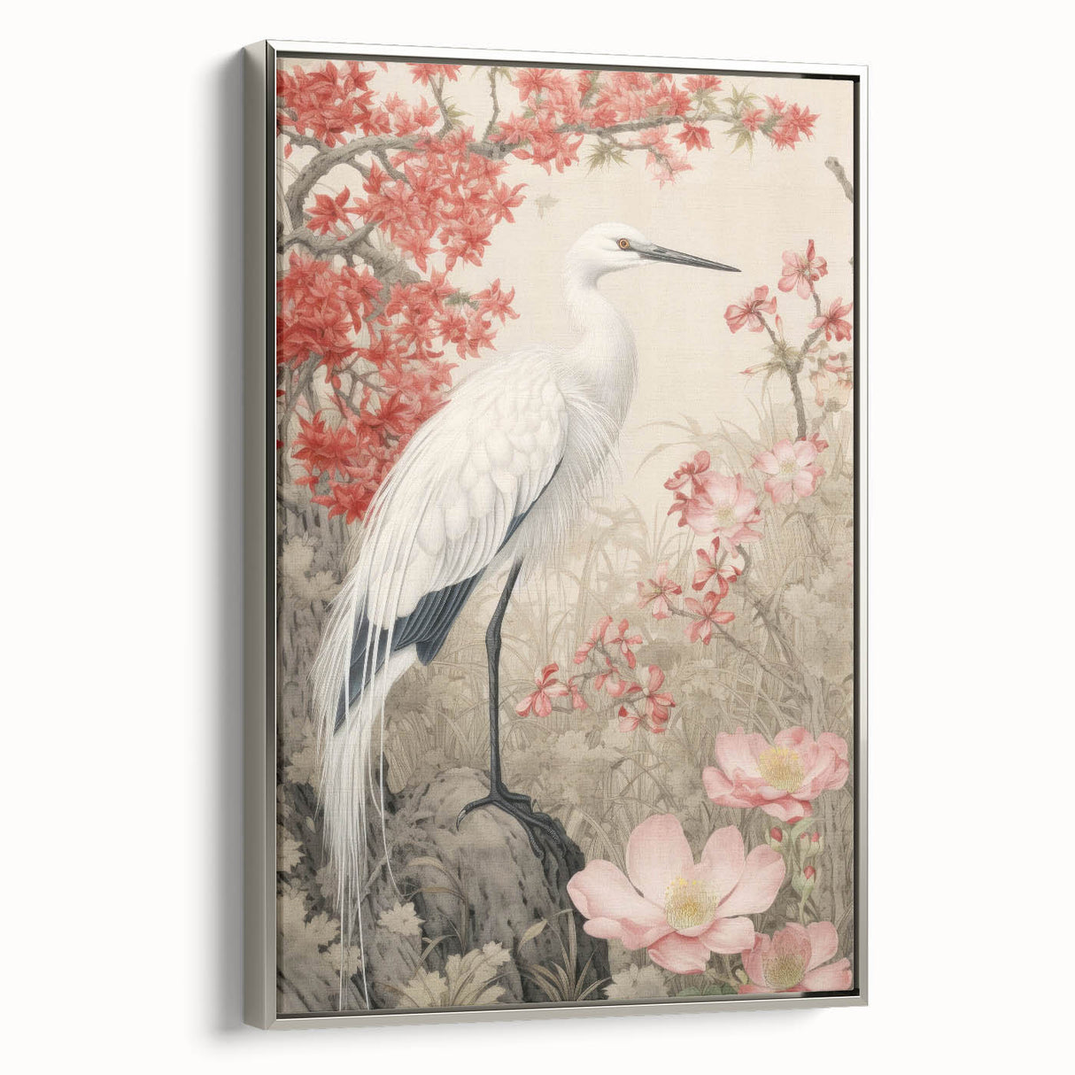 Framed wall art featuring a silver heron and egret design on a textured canvas, showcasing elegant birds in a serene nature setting, ideal for home decor.