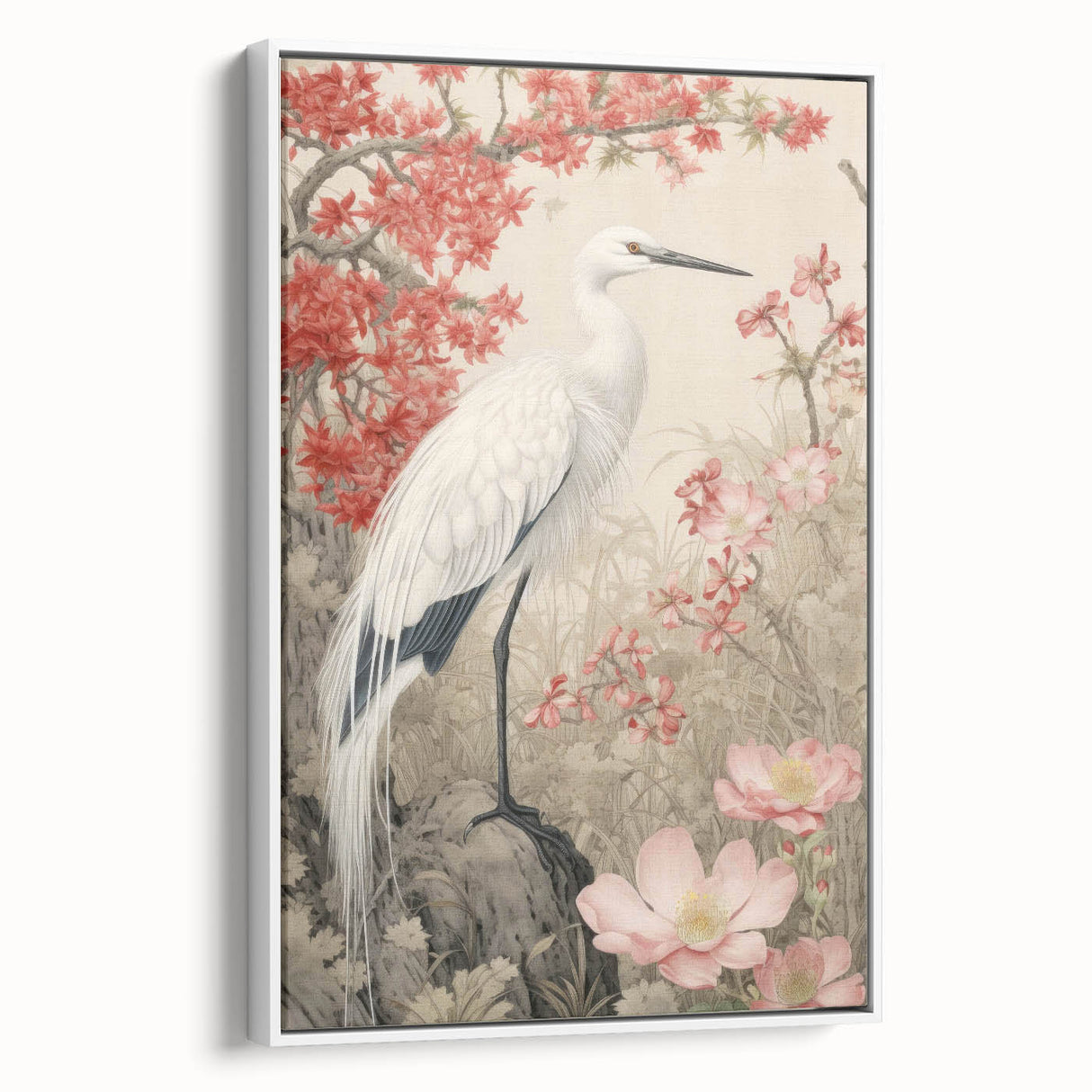 Framed wall art collection featuring a serene heron and egret design on canvas, showcasing soft pastel colors and elegant details, ideal for home decor.