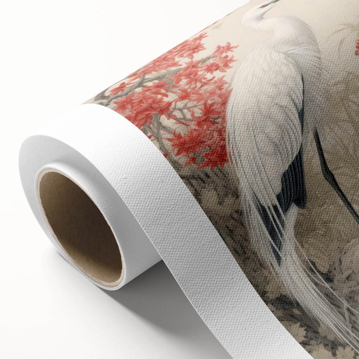 Rolled canvas artwork showcasing a serene heron and egret design in soft pastel colors, perfect for enhancing modern home decor with a nature theme.